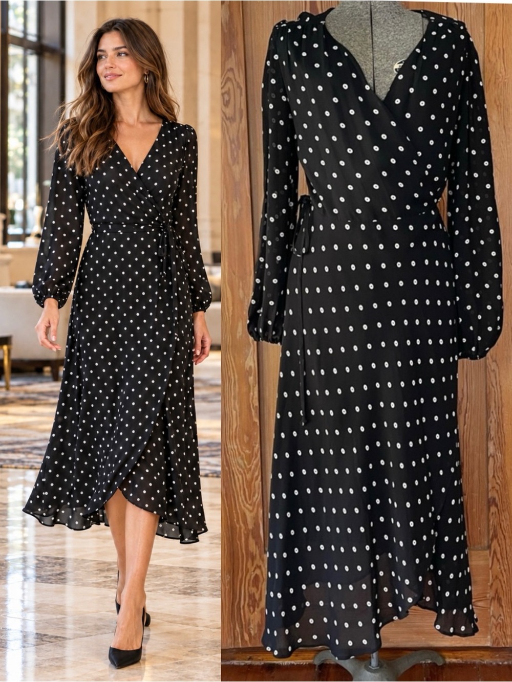 Bardot Betty Polka Dot Wrap Midi Dress Black White US 8 M 💛🍄